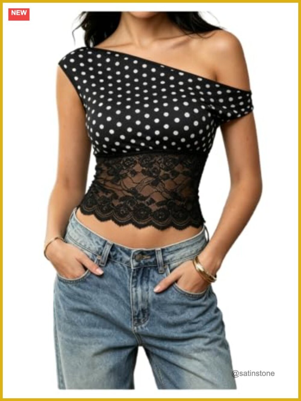 Women Polka Dots One Off Shoulder Lace Cinched Waist Tank Top